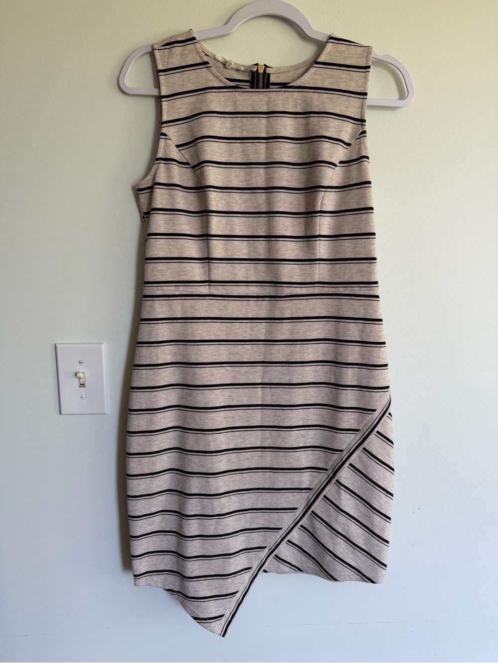 Maurices Cream and Black Striped Sleeveless Midi Dress with Asymmetrical Hem